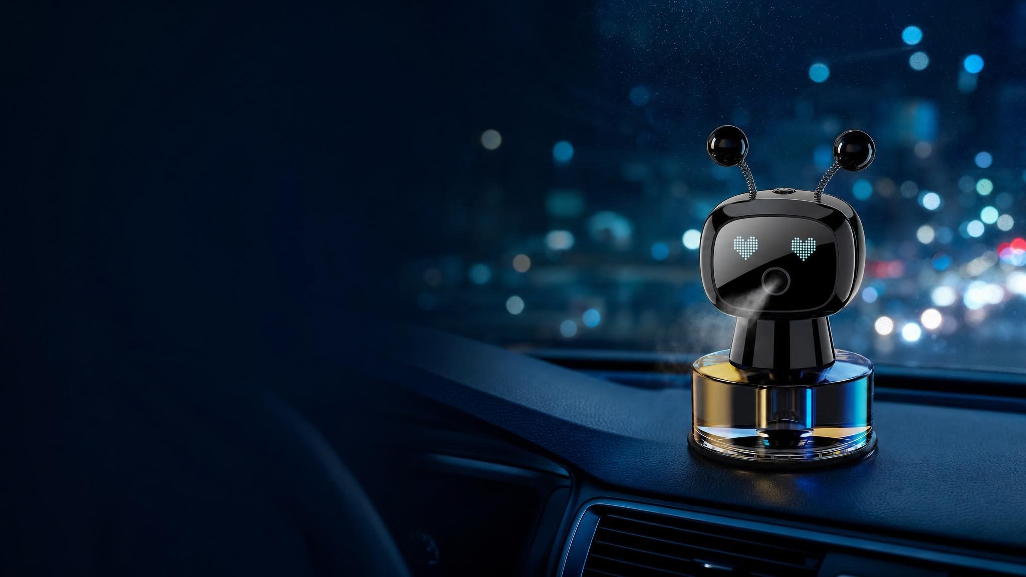 Robot ambientador en el salpicadero de un coche de noche